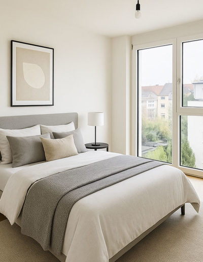 Schlafzimmer mit großen Fenstern